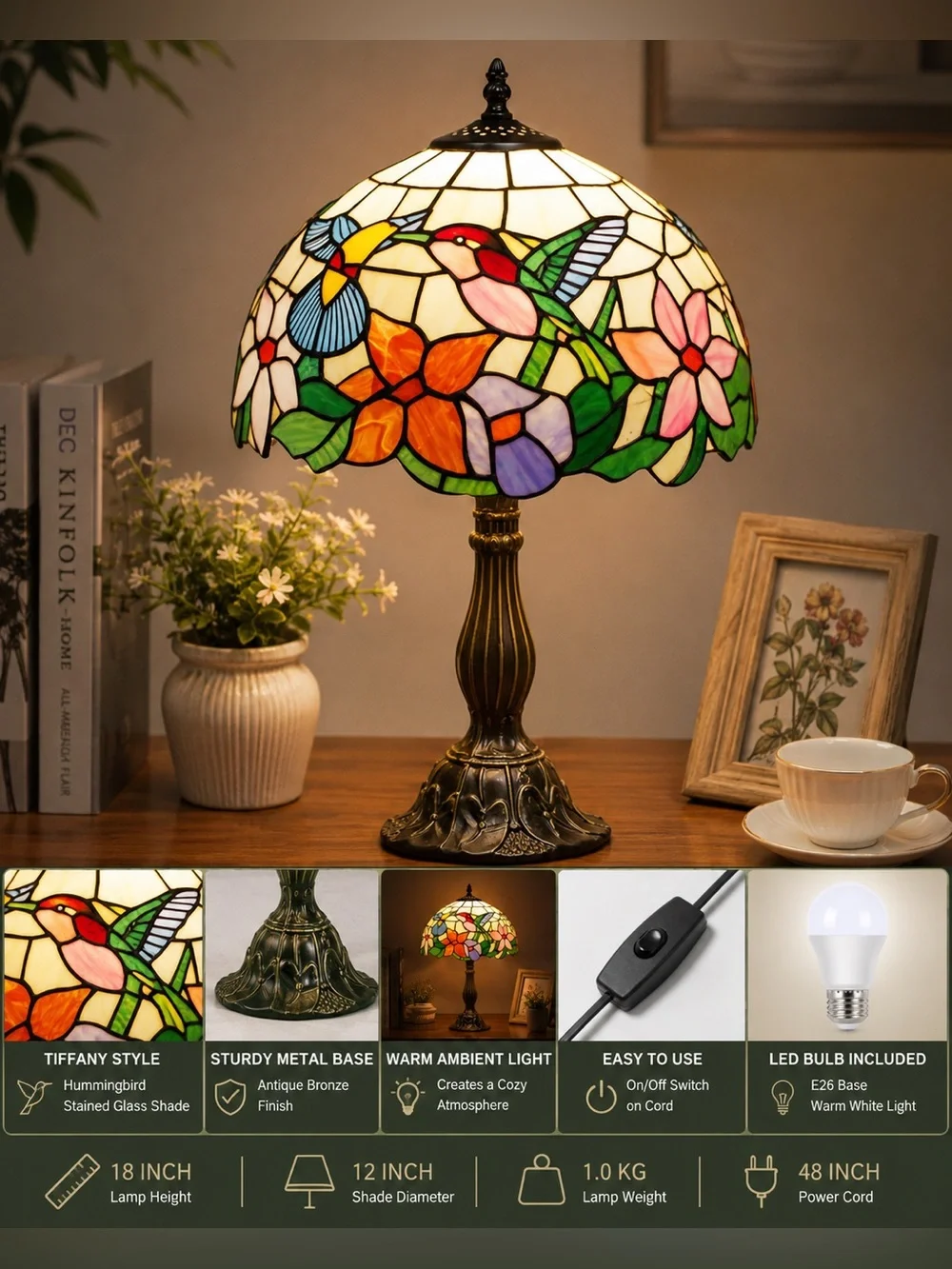 Tiffany Style Hummingbird Stained Glass Table Lamp Bedside Desk Lamp 18”
